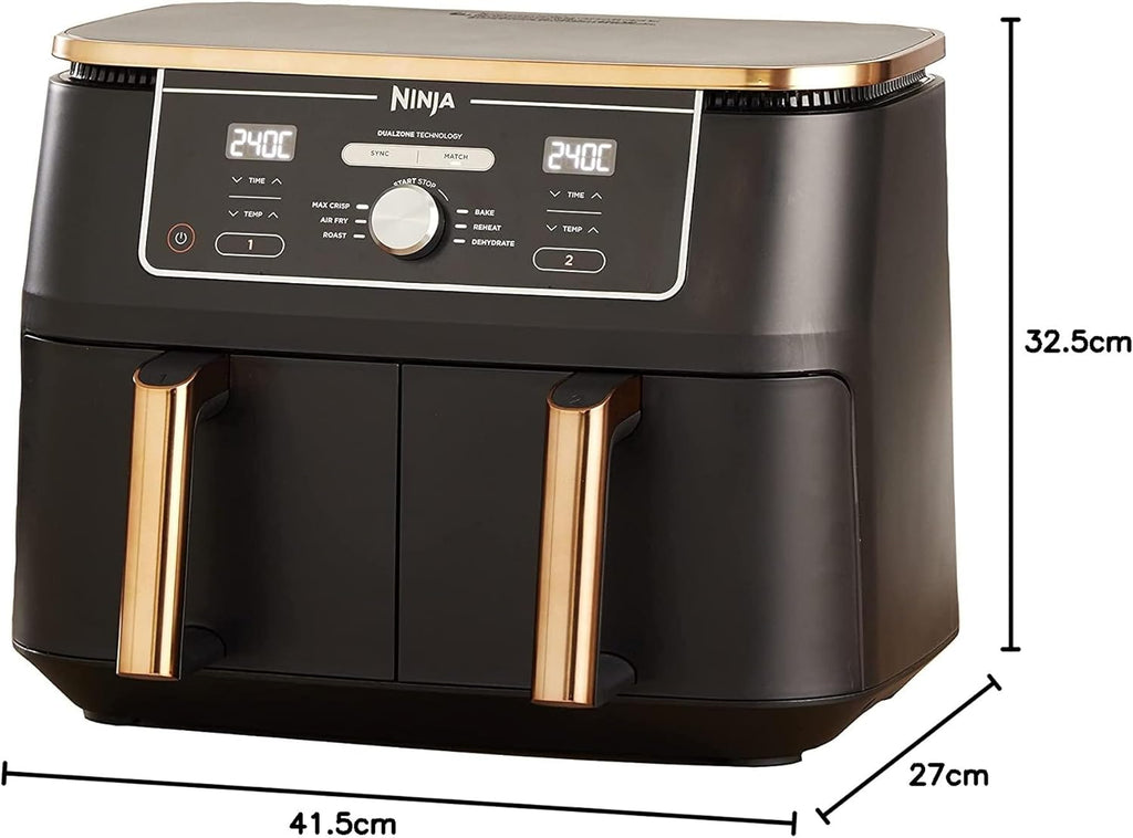 NINJA Foodi MAX Dual Zone Air Fryer, 2 Tiroirs, 9,5L, 6-en-1, Sans Huile, Air Fry, Max Crisp, Rôtir, Cuire, Paniers Antiadhésifs Lavables Au Lave-Vaisselle, Cuivre/Noir AF400EUCP