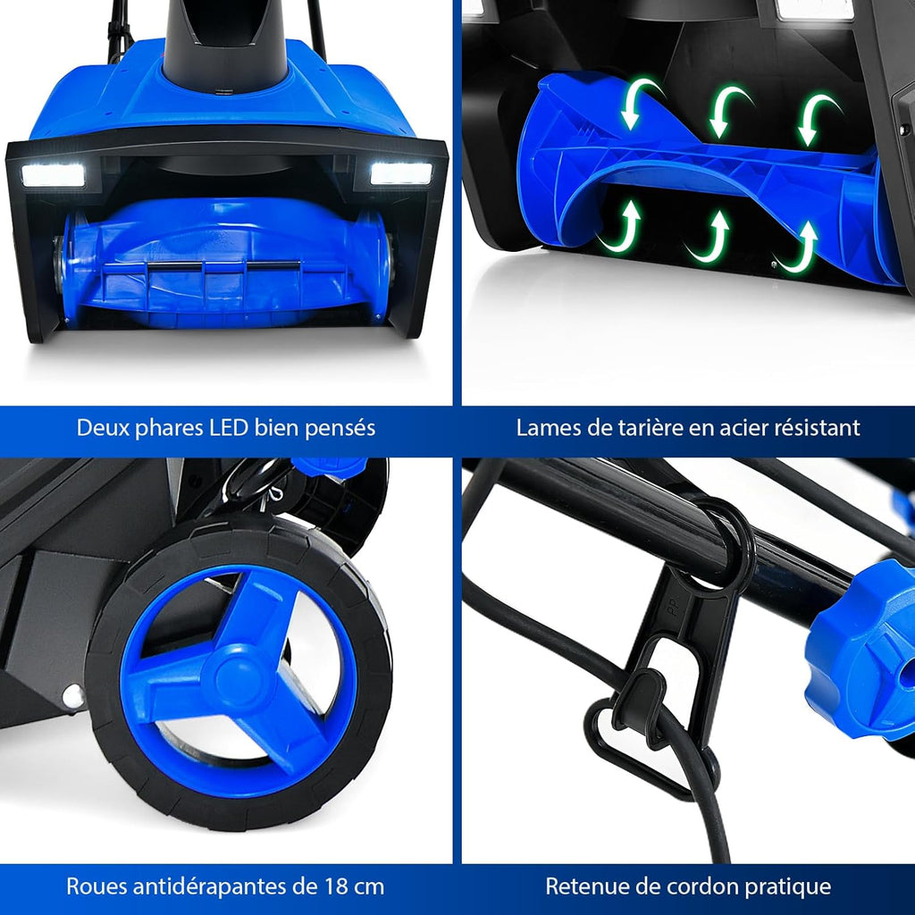 GYMAX Déneigeuse Électrique avec Lumières, Lame 50x25cm, Vitesse 3000rpm, Distance de Jet de Neige 9 m, Goulotte d'Éjection Réglable, Fraise à Neige à Brancher(Bleu)