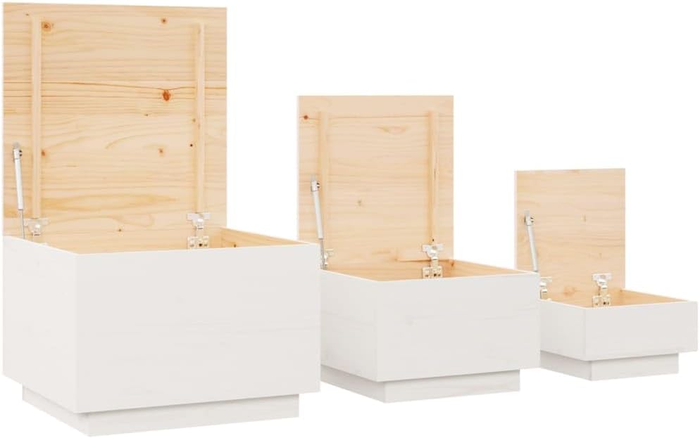 Foknhdi Lot de 3 caisses de rangement en bois de pin blanc 57 × 55 × 40/45 × 43 × 30/35 × 33 × 20 cm empilables avec poignée