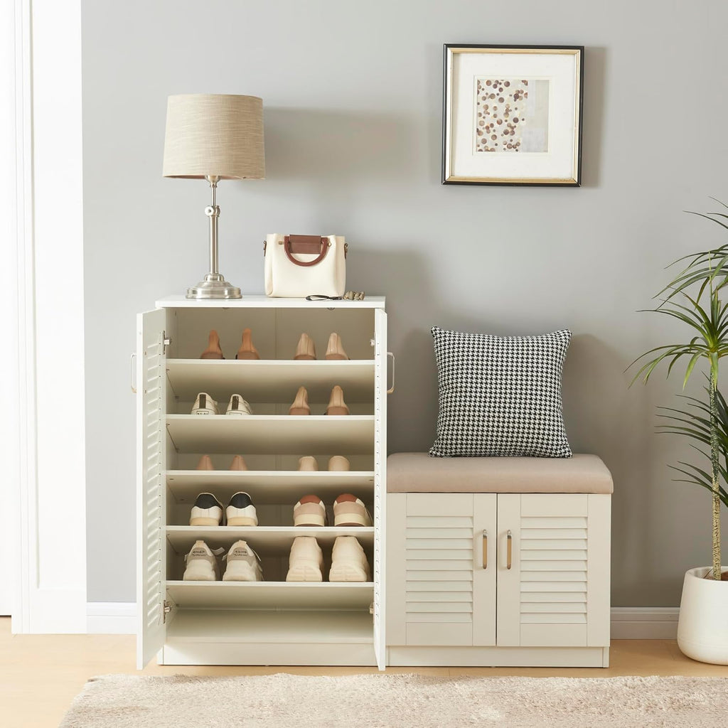 [en.casa] Meuble à Chaussures avec Banquette Armoire à Chaussures pour 18 Paires Meuble de Rangement avec Portes Ajourées MDF 97 x 120 x 36 cm Blanc