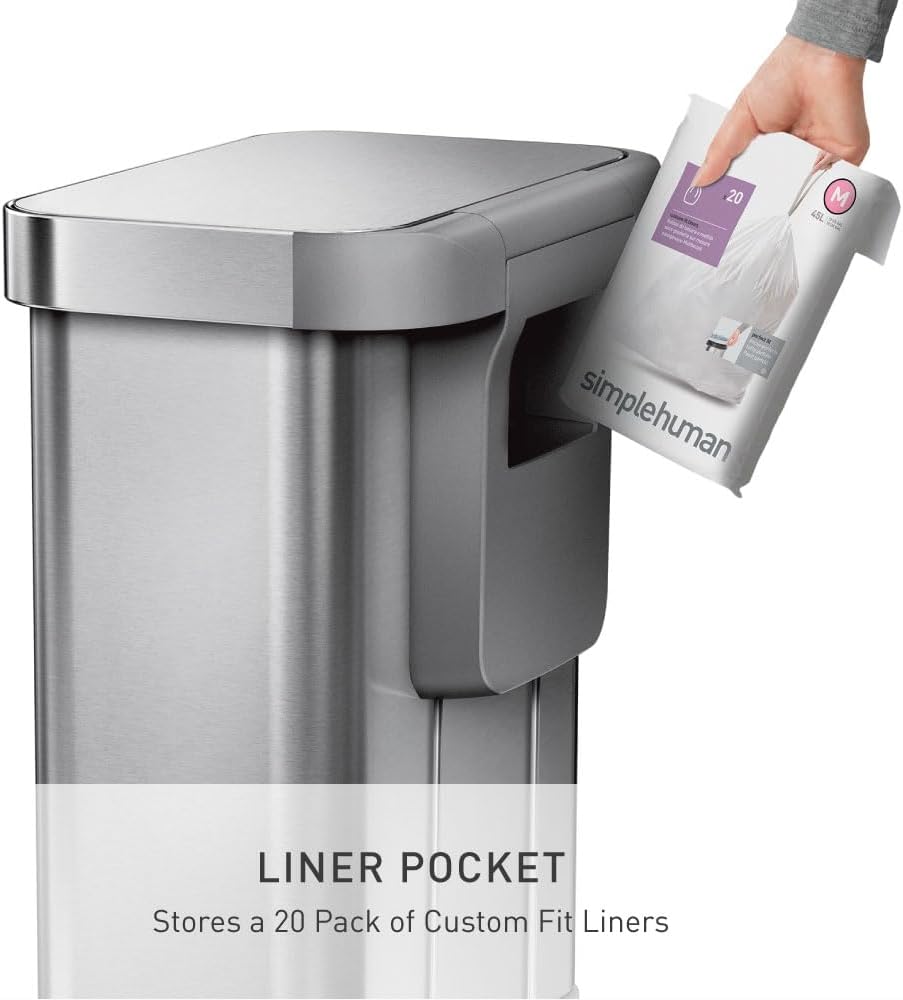 simplehuman CW2023 poubelle rectangulaire à pédale, avec réserve à sacs, poubelle de cuisine, acier inoxydable brossé, 55 litres