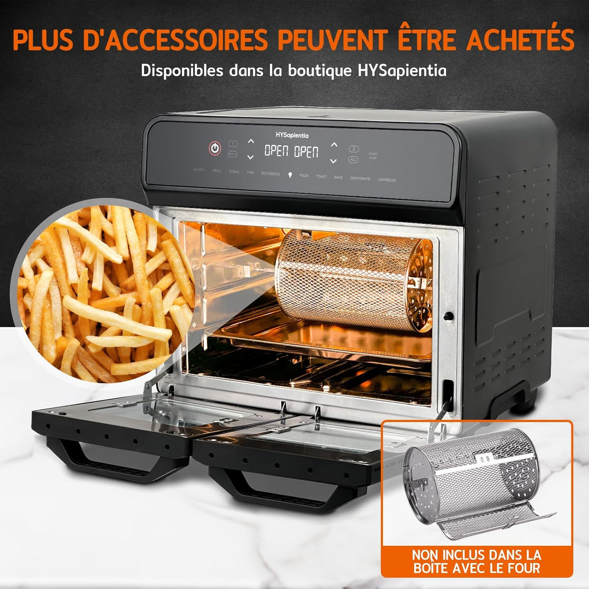 HYSapientia 22L friteuse à air chaud 2 chambres, mini-four à convection,écran tactile LED, 10 programmes friteuse sans huile Dual Zone Air Fryer Oven, aciers inoxydables, Airfryer xxl