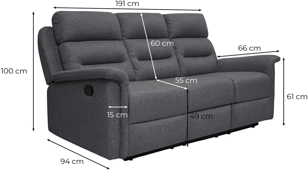 LOUNGITUDE - Canapé de Relaxation Manuel 3 Places en Tissu - Gris foncé