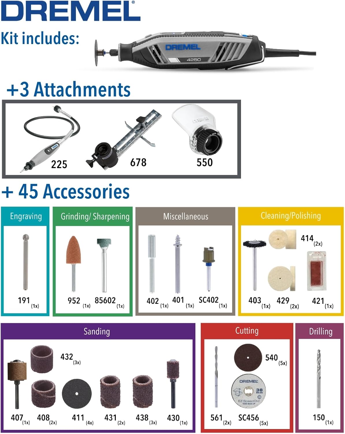 Dremel 4250 Outil Rotatif Multifonction 175W avec 3 Adaptations 35 Accessoires Vitesse Variable & Coffret de 150 accessoires Dremel pour outils rotatifs pour graver, découper, poncer, meuler