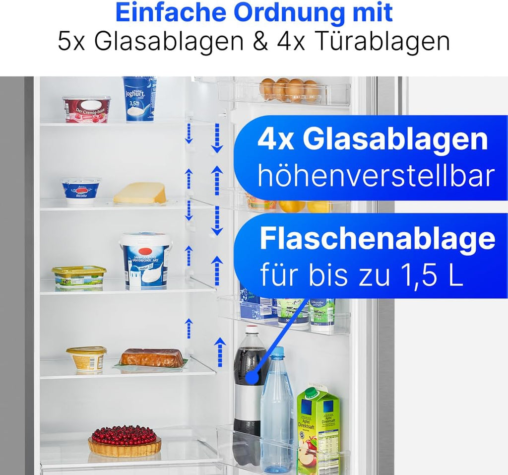 Bomann Réfrigérateur 242L inox VS7316-1-inox, Capacité nette : 242 litres, Éclairage intérieur à DEL, Contrôle de la température en continu, 5 clayettes en verre