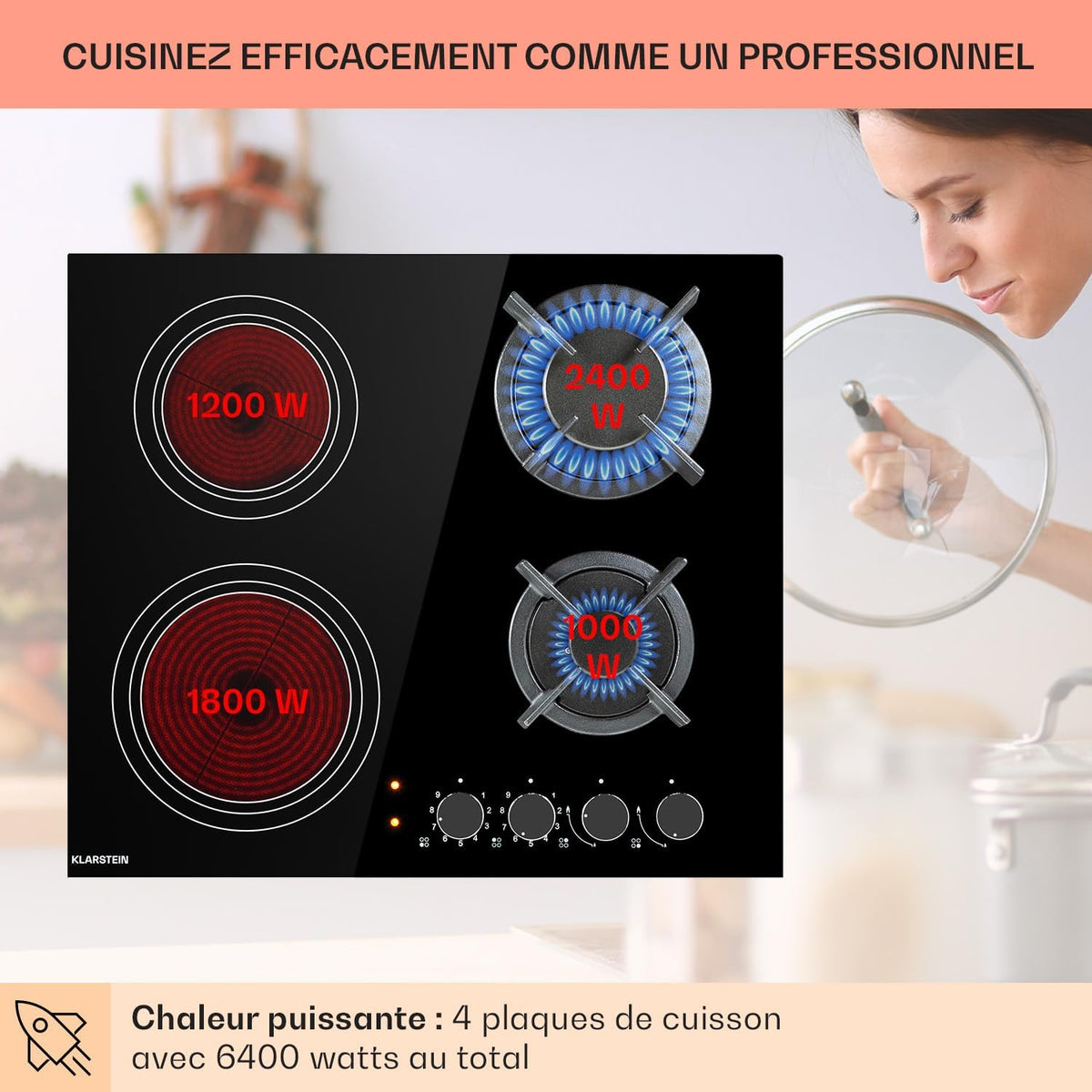 Klarstein Plaque de Cuisson Mixte 4 Feux, Vitrocéramique et Gaz, Acier Inoxydable, 6.4kW