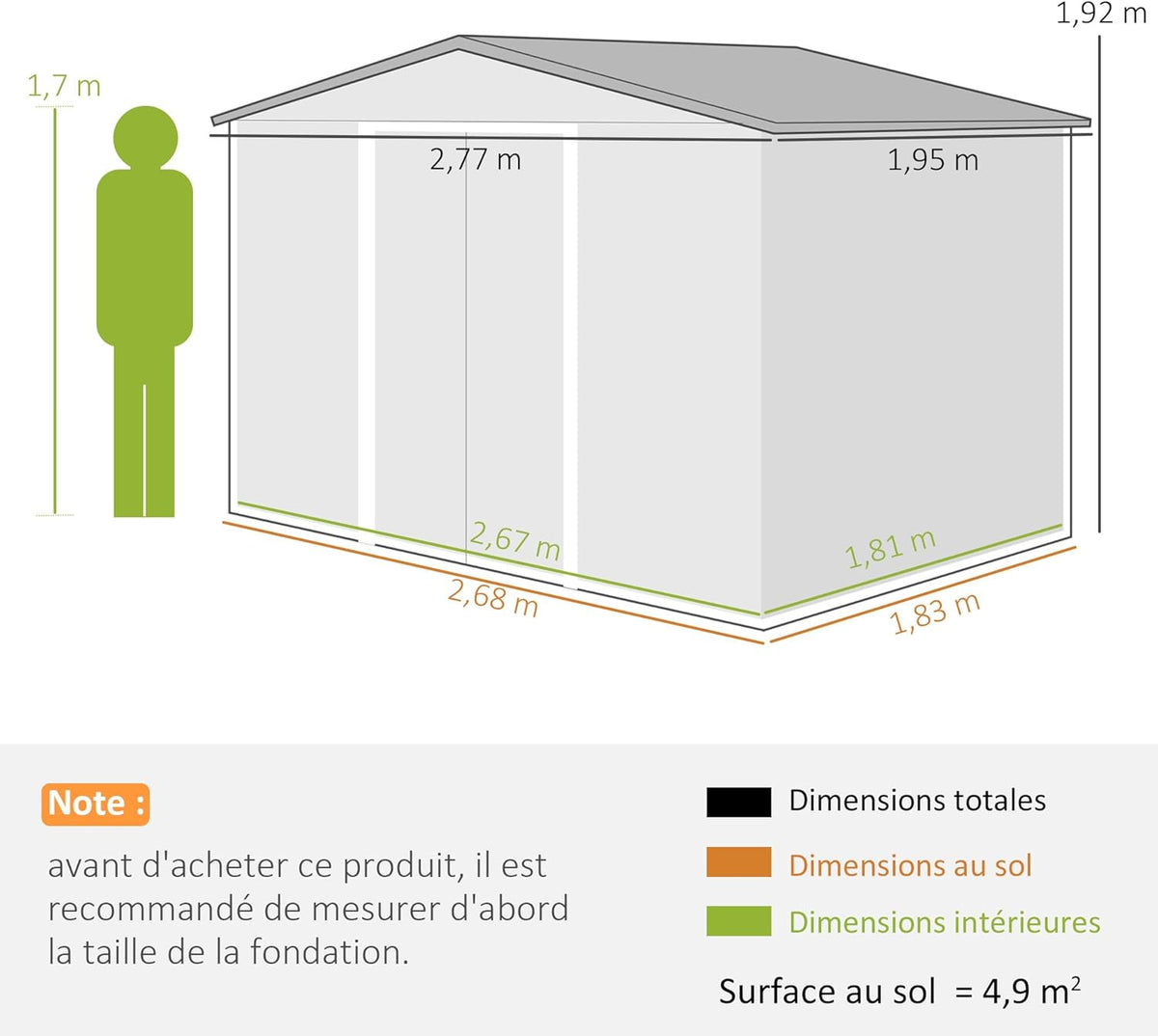 Outsunny Abri de Jardin en métal 5,4 m² cabane de Jardin 277 x 195 x 192 cm cabanon Rangement Outils avec kit de Fondation, Porte coulissante verrouillables et 4 aérations - Gris