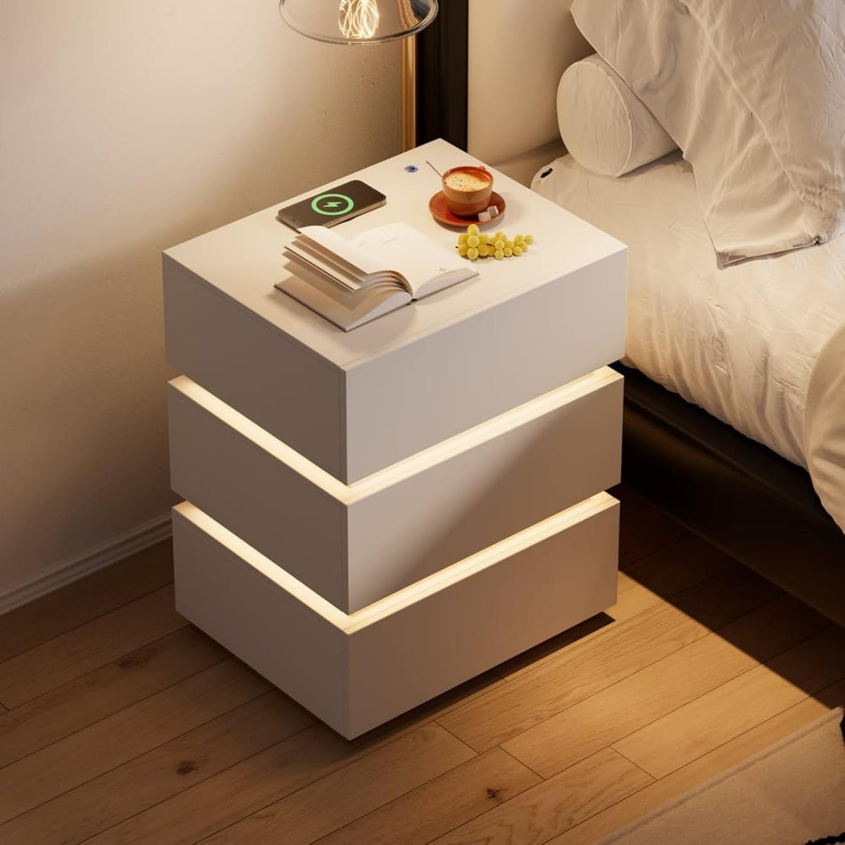 Homary Table de Chevet Intelligente LED Blanc à 3 Tiroirs – Table de Nuit avec Recharge sans Fil & Éclairage Réglable, Design Moderne pour Chambre Adulte (Blanc, 3 Tiroirs)