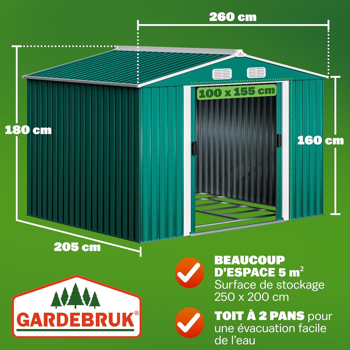 GARDEBRUK Abri de Jardin métal XXL 5m² Fondation 260x205x180cm Porte coulissante Vert cabane de Jardin cabanon Rangement Outils 9m³