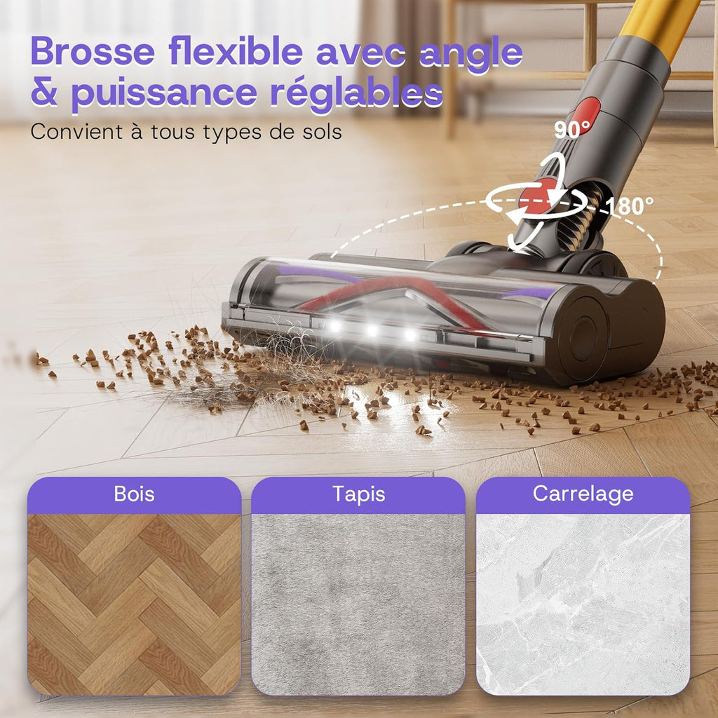 V16 Aspirateur Balai sans Fil 55Kpa/600W/80Mins, Aspirateur sans Fil Puissant, Écrans Tactiles LED, Mode Automatique, Brosse Anti-Emmêlement pour Tapis, Sols Durs et Poils d'animaux