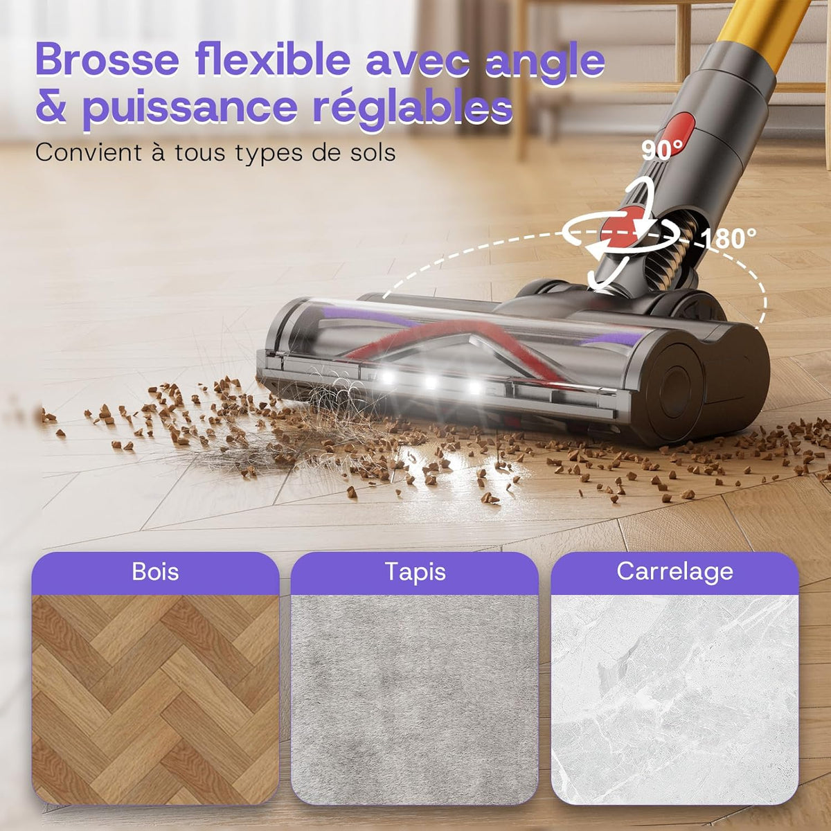 V16 Aspirateur Balai sans Fil 55Kpa/600W/80Mins, Aspirateur sans Fil Puissant, Écrans Tactiles LED, Mode Automatique, Brosse Anti-Emmêlement pour Tapis, Sols Durs et Poils d'animaux