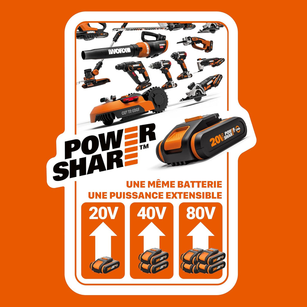 WORX Perforateur sans fil Brushless 20V WX381, 2J, 3 en 1, Perçage, Percussion, Burinage dans tous les matériaux, antivibrations, livré avec 1 Batterie 4Ah, Chargeur et Accessoires