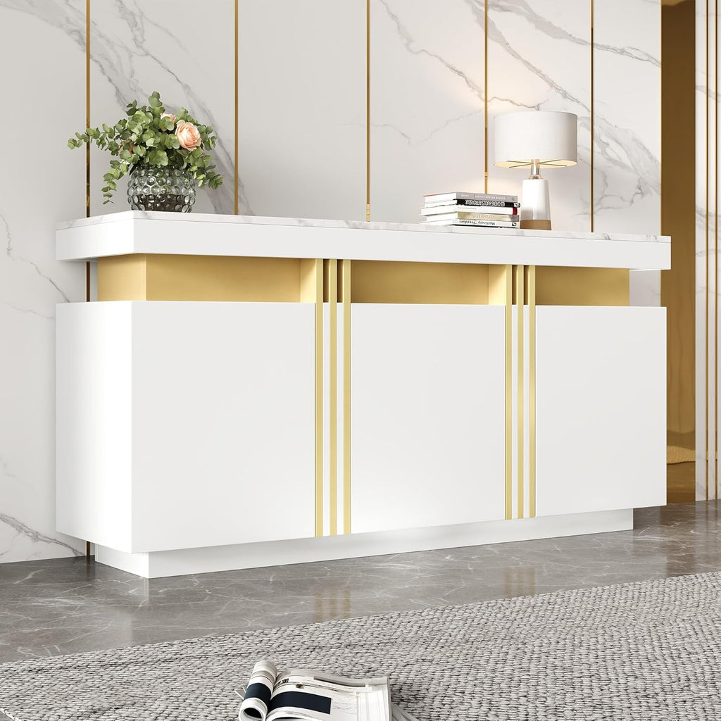 Merax Buffet - Armoire de cuisine avec 3 portes - Armoire de rangement moderne avec plan de travail - Étagère réglable - Armoire de salle à manger pour salon, salle à manger, couloir - Aspect marbre