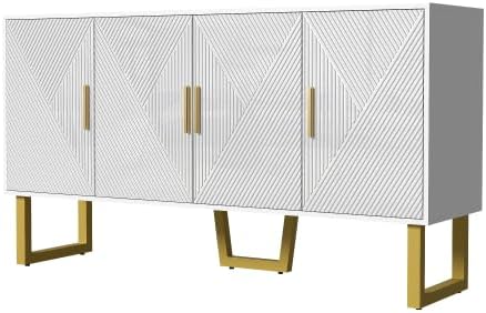 Buffet Salon Blanc Moderne avec 4 Portes Texturées, Façade Brillante, Poignées Dorées, Meuble Elégant, 150x40x82cm