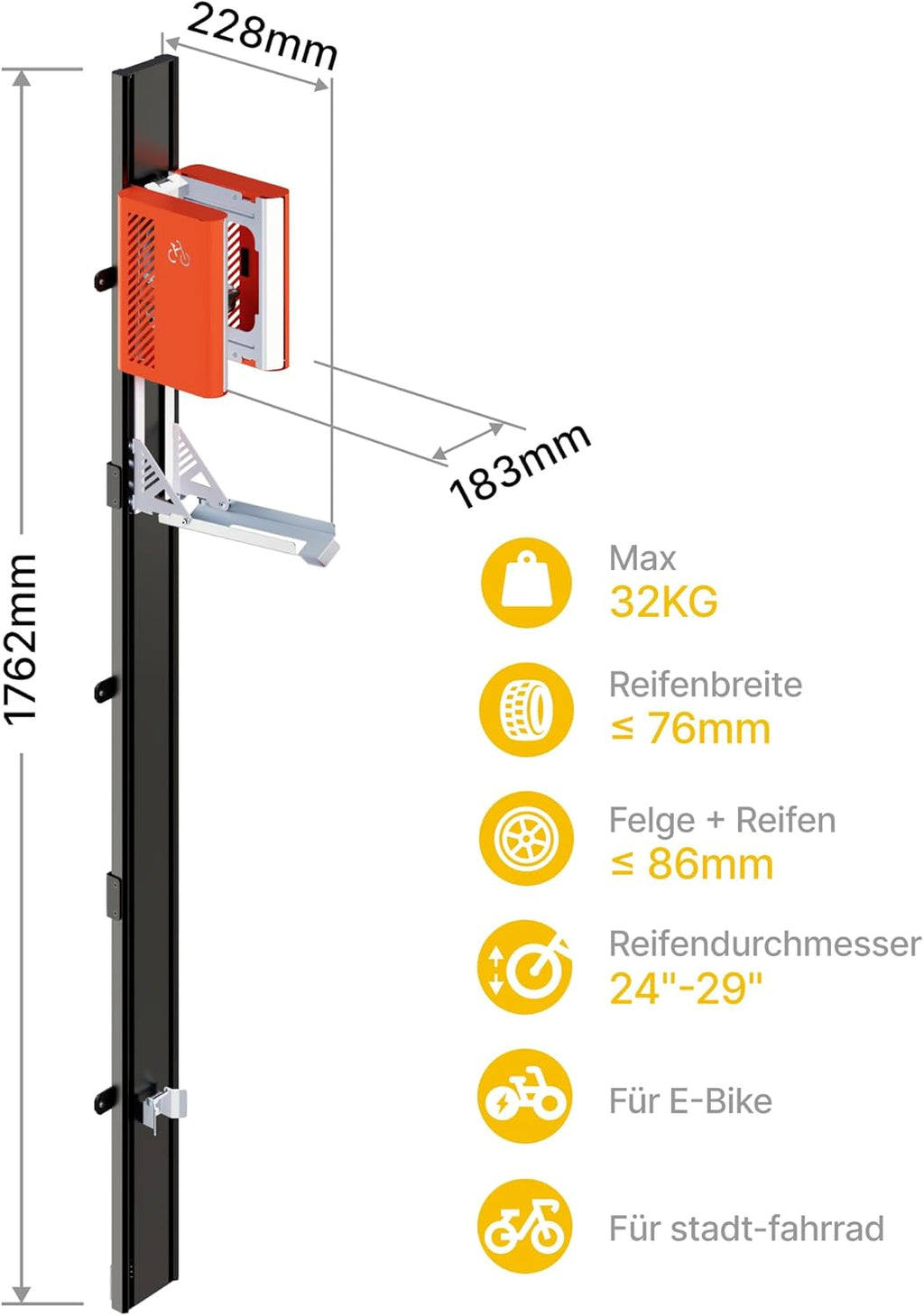 monTEK Porte-vélo automatique – Porte-vélo vertical pour vélos lourds (jusqu’à 32 kg) – Montage simple, support mural peu encombrant pour garage, remise, appartement – Pour pneus 24-29", vélos