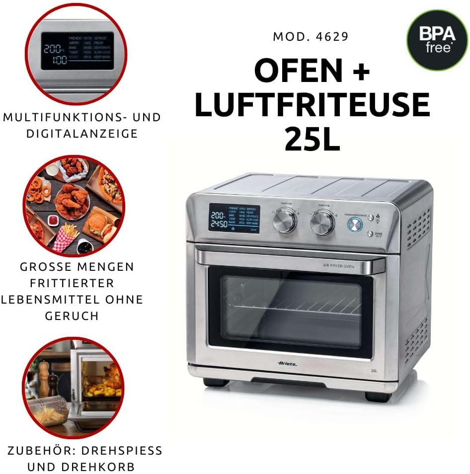 Ariete 4629/11; Four et friteuse à air chaud 25L, Capacité 25L; 15 fonctions de cuisson;Température jusqu'à 230°; 1700 W; Argent