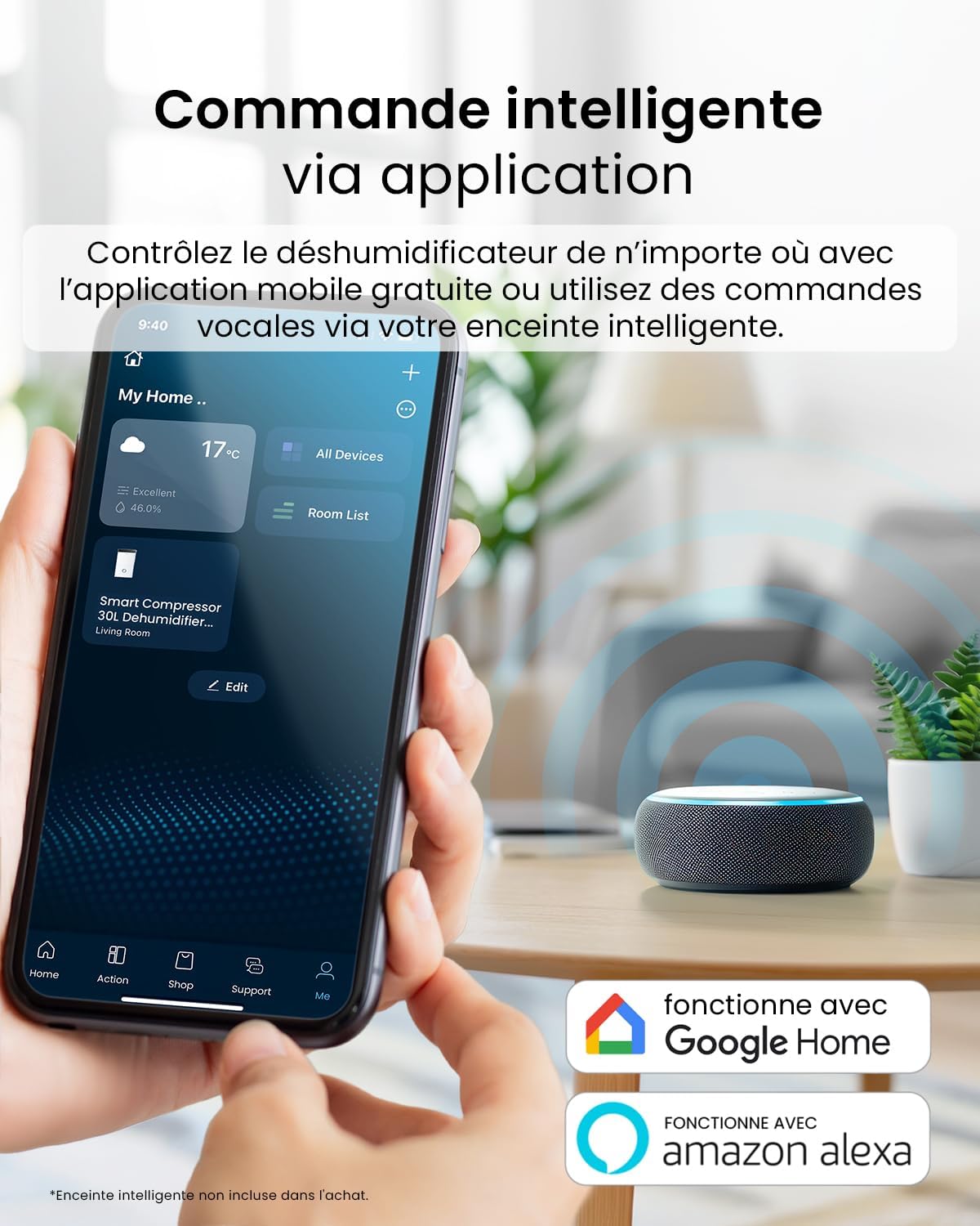 Pro Breeze Déshumidificateur Compresseur Connecté 30L/jour avec Application Smartphone, Wi-Fi, Drainage continu, Réservoir d'eau 4L et Minuterie 24h - Absorbeur de moisissures et d'humidité portable