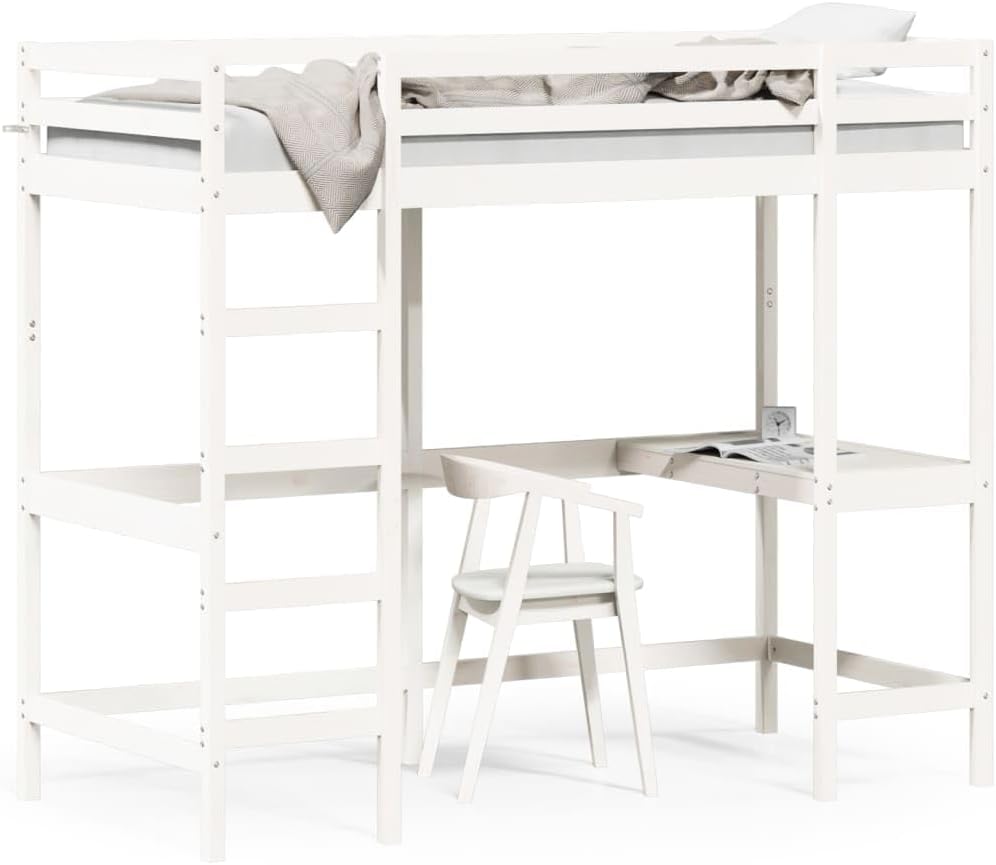 vidaXL Lit Superposé avec Bureau, Lit Mezzanine avec Sommier à Lattes pour Enfant, Meuble de Chambre, Moderne, Blanc 90x200 cm Bois de Pin Massif