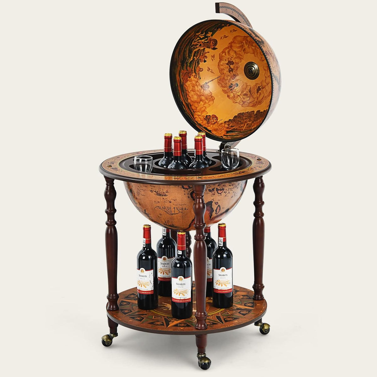 GOPLUS Bar Globe Terrestre Mappemonde à Vin en Bois φ45 CM, Chariot de Bar Forme Globe avec 4 Pieds et 4 roulettes, Porte-Bouteille Bar d’Angle avec Couvercle pour Salon, Salle à Manger (Marron)