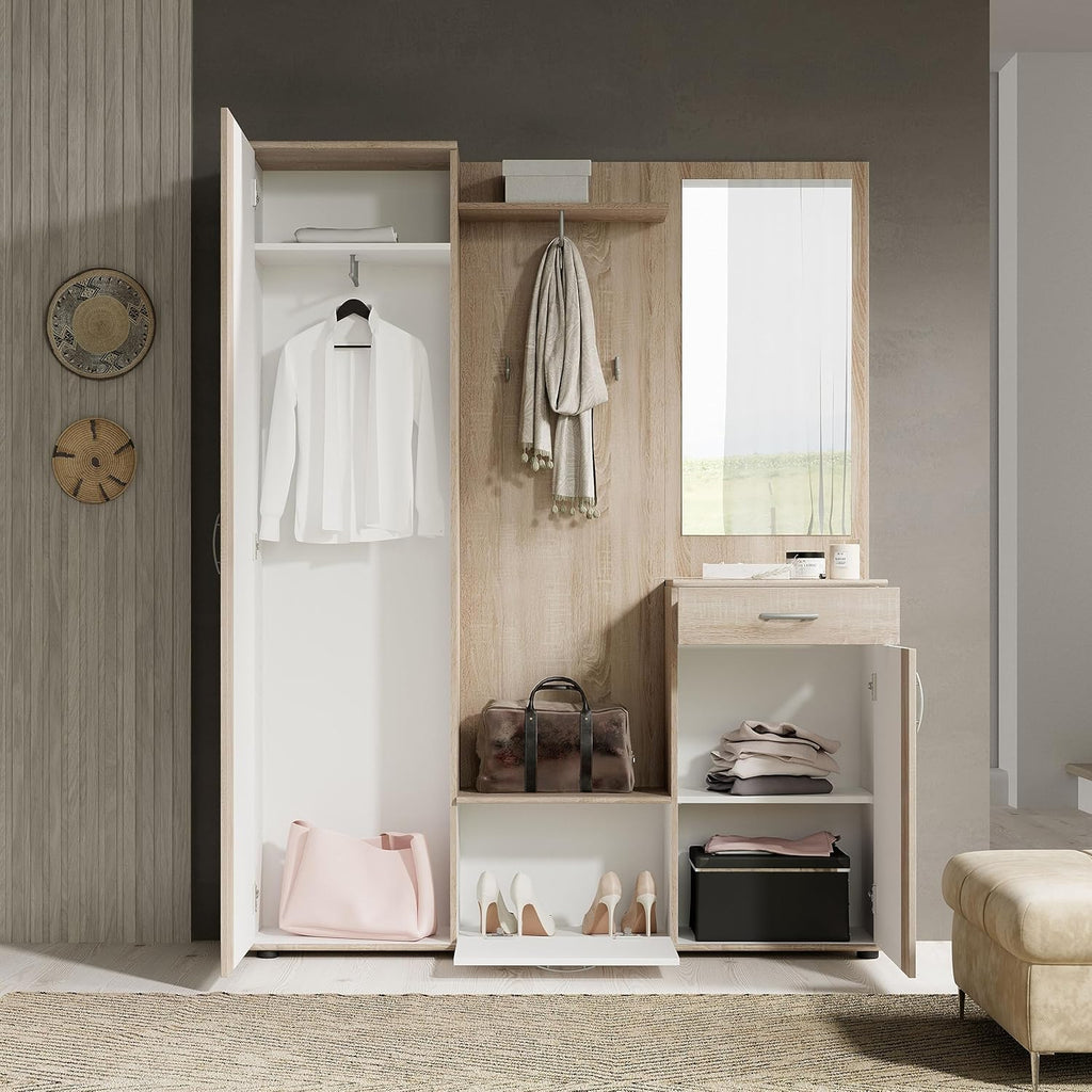 Stella Trading PATENT Ensemble de vestiaires d'entrée en aspect chêne Sonoma, blanc - Vestiaire compact stylé avec miroir pour votre entrée - 145 x 184 x 29 cm (L/H/P), marron