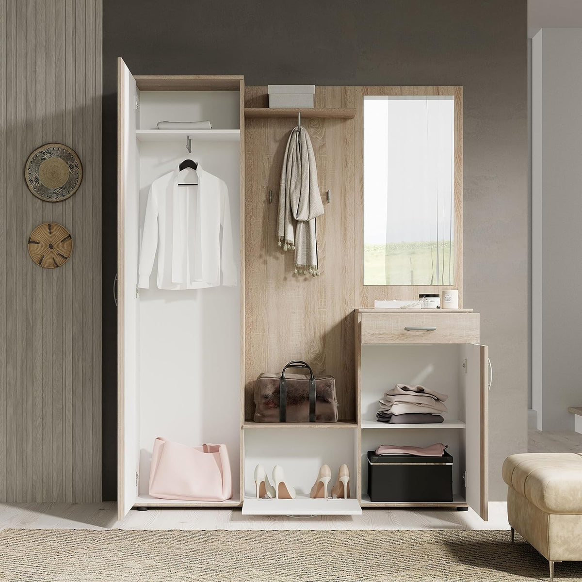 Stella Trading PATENT Ensemble de vestiaires d'entrée en aspect chêne Sonoma, blanc - Vestiaire compact stylé avec miroir pour votre entrée - 145 x 184 x 29 cm (L/H/P), marron
