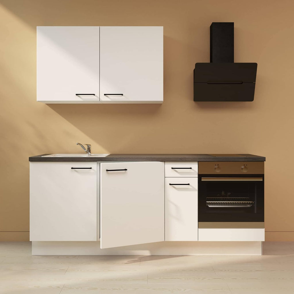 WALLERS cuisine complète 210 cm : Meubles + Plan de travail + Frigo intégré table top + Plaque de cuisson 2 foyers + Mitigeur (Plan de travail couleur béton, évier à gauche)