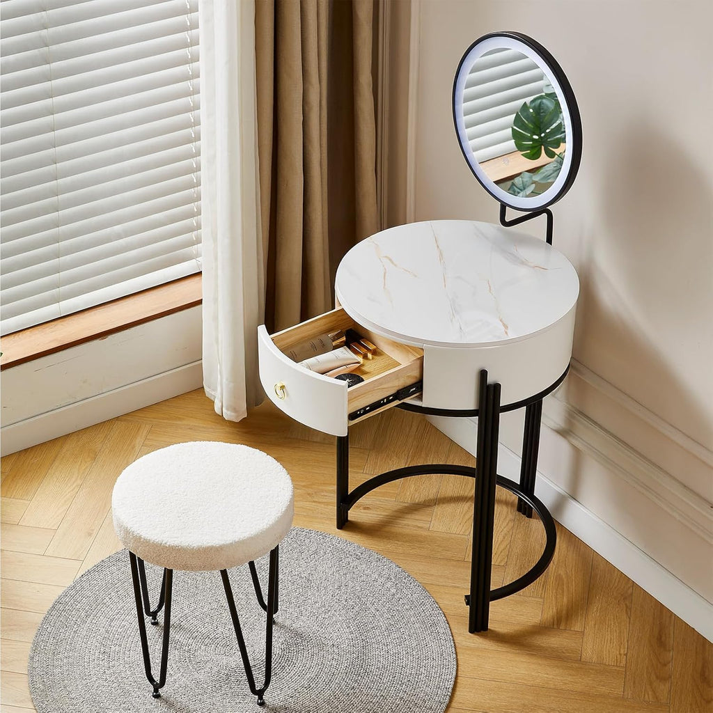 Coiffeuse avec Miroir LED, Pierre Sinterisée et Simili Cuir, Coiffeuse avec Tiroirs et Tabouret, pour Chambre, Design Moderne, Blanc