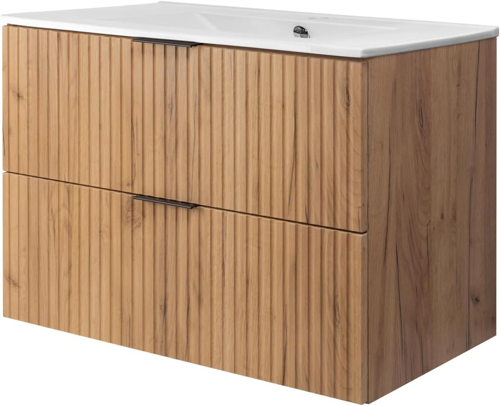 3E 3xE living.com Meuble de Salle de Bain, chêne Craft avec poignée Noire, 80 x 57 x 46 cm