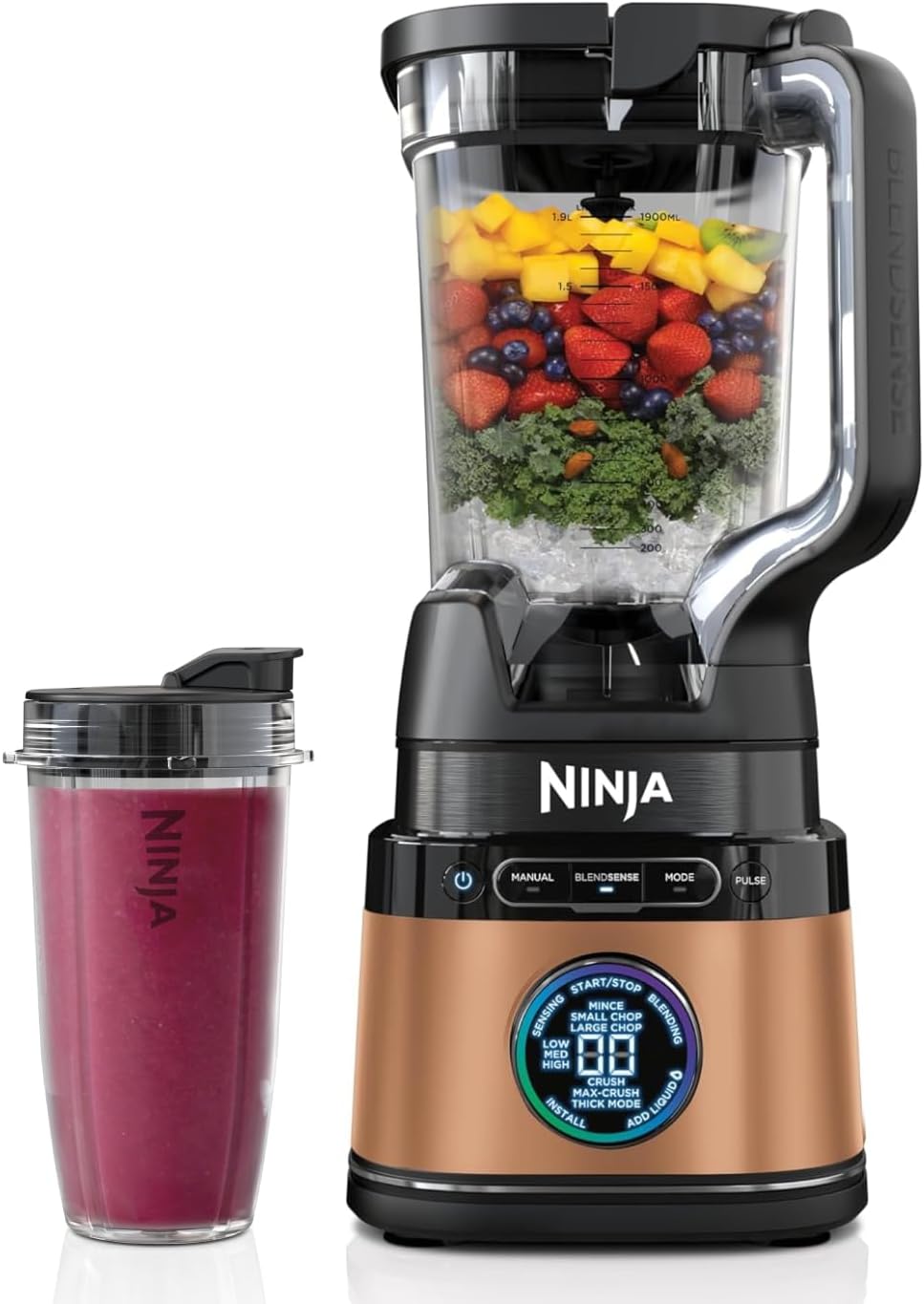 Ninja Detect Power Blender Pro et Single Serve 2-en-1, mixeur 1200W avec récipient 2L, 1 gobelets individuel, mixeur pour smoothies et boissons glacées, hachage de légumes, Noir et Cuivre, TB301EUCP