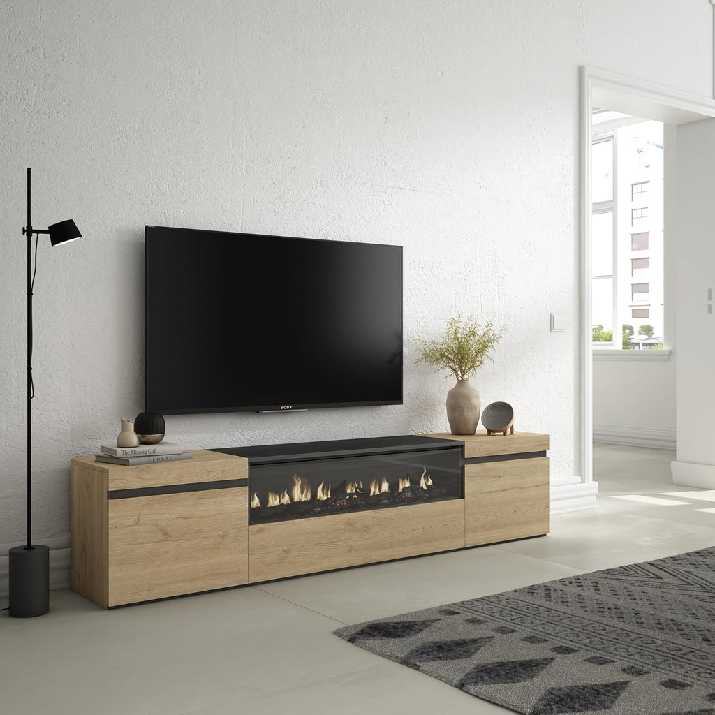 Skraut Home | Meuble TV | Banc Télé | Grand Espace de Rangement | 200x45x35cm | pour Les TV jusqu'à 80" | Cheminée électrique | Style Moderne | Chêne et Noir