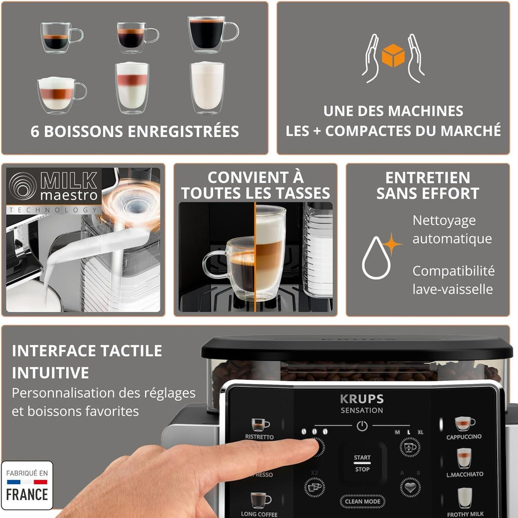 Krups Sensation Lait, Machine à café grains, machine expresso, 6 boissons, Carafe à lait, Cappuccino, Interface tactile, Nettoyage automatique, Silver, EA912E10