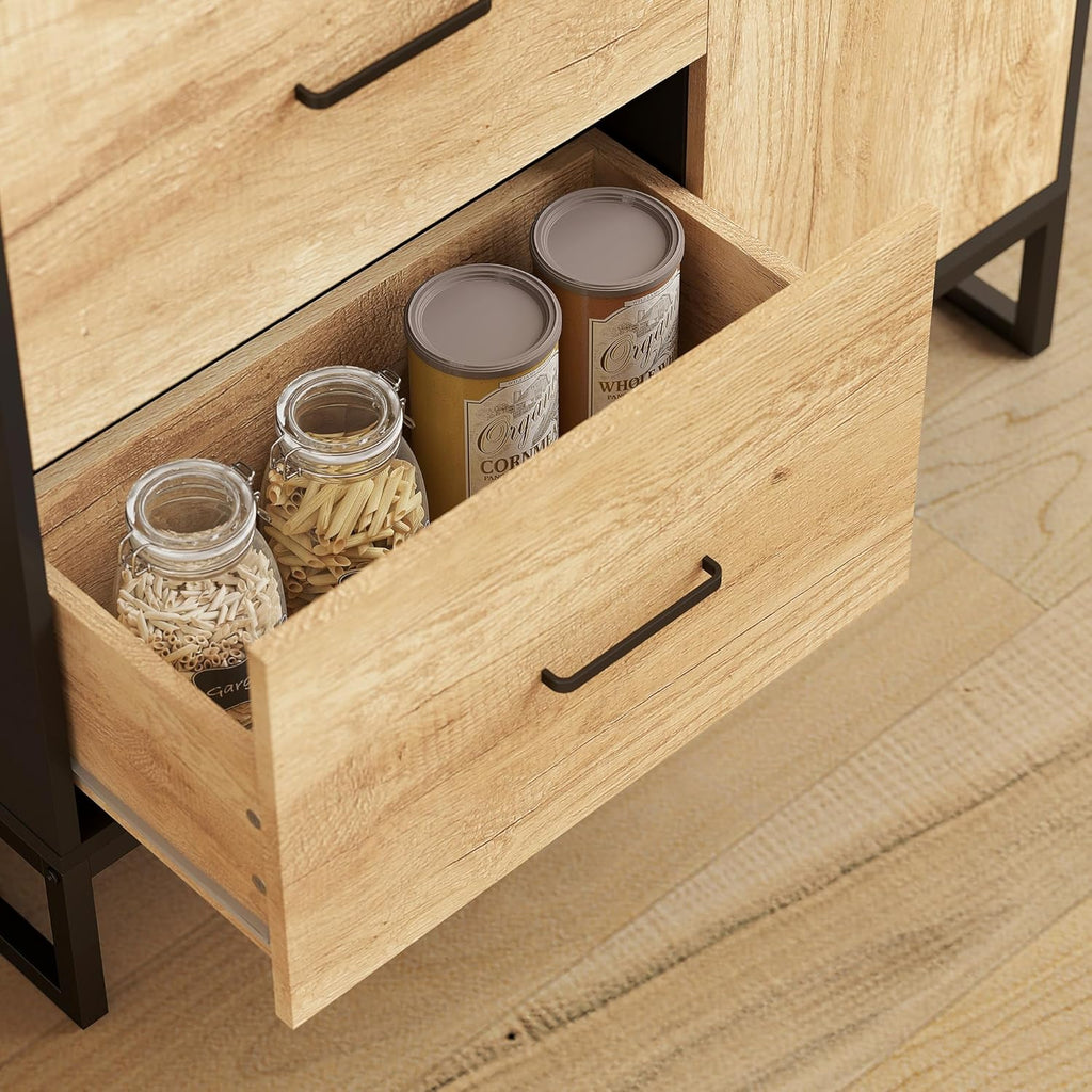 HOMCOM Buffet haut cuisine, armoire de cuisine, vaisselier, 2 tiroirs, placard à porte, 2 niches ouvertes, étagères réglables, meuble de rangement moderne, pieds en acier, 88x35x160cm, noir et naturel