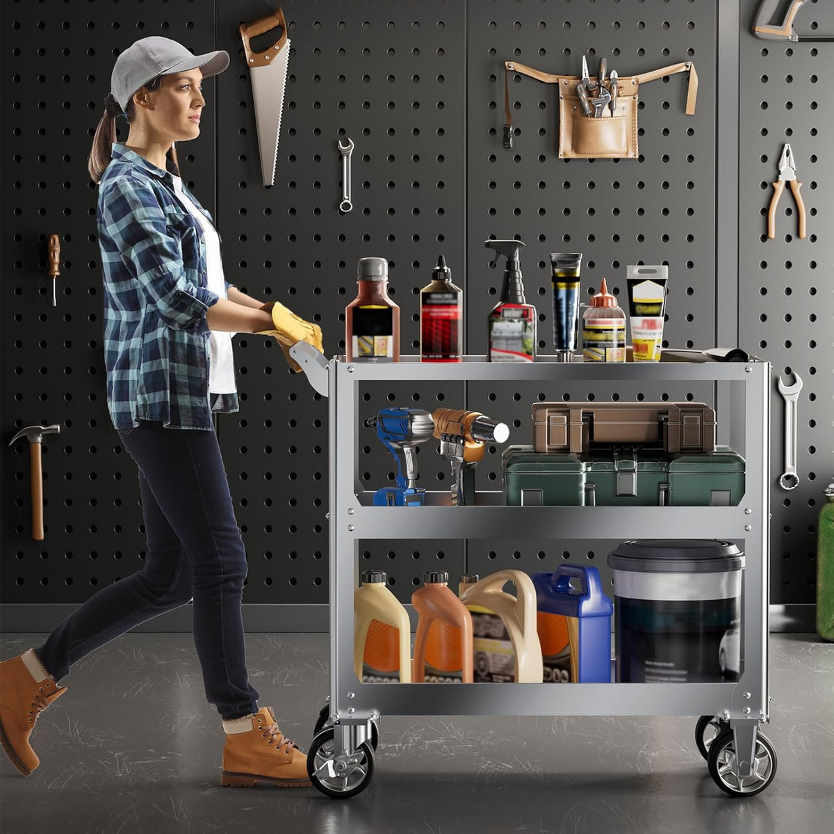 Vockol Chariot d'Atelier en Acier Inoxydable, Chariot à Outils à 3 Étages d'une Capacité de 500kg, Chariot de Travail, Chariot Servante d'Atelier pour Garage, Atelier, Cuisine, 78 x 46 x 92 cm