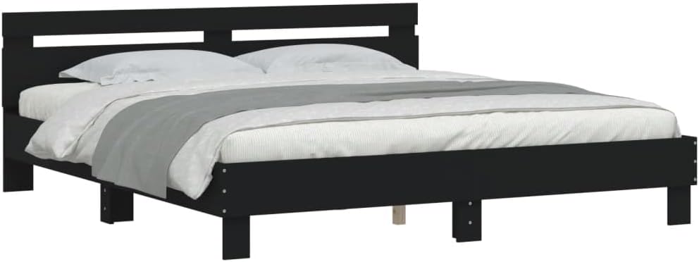 vidaXL Cadre de Lit avec Tête de Lit, Lit Double avec Sommier à Lattes, Lit Adulte, Meuble de Chambre, Moderne, Noir 180x200 cm Bois d'Ingénierie