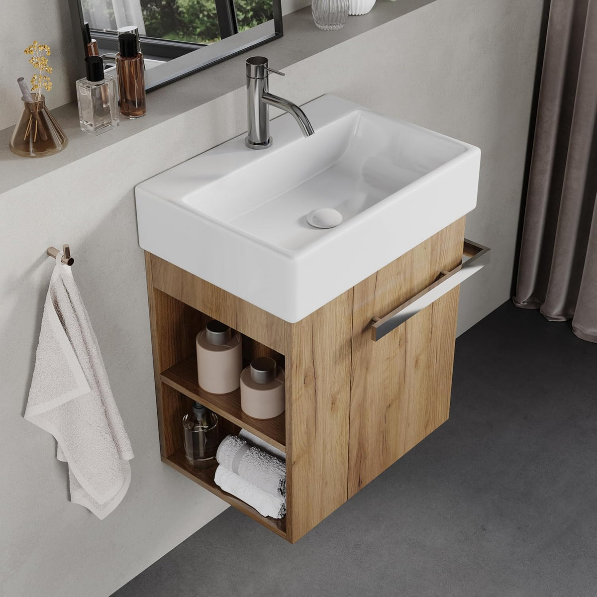 BRIDGE BENO Meuble De Salle De Bain De 50 cm avec Lavabo en Céramique, Tiroir À Fermeture Douce, Poignée Porte-Serviettes, Option Gauche/Droite, European Oak
