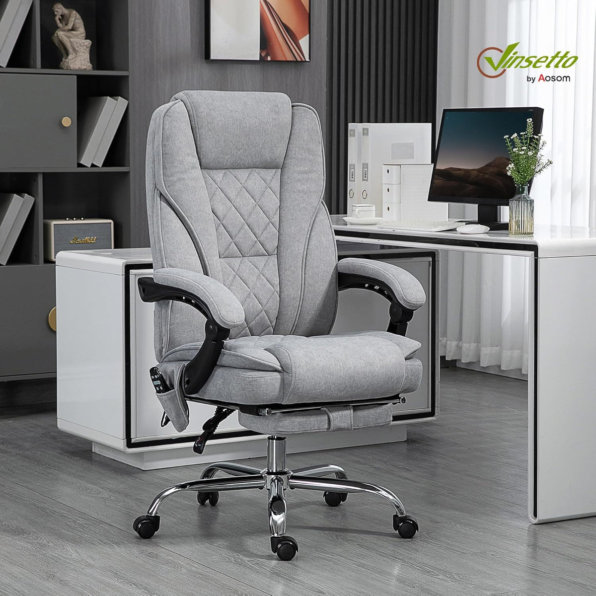 Vinsetto Fauteuil de Bureau massant et Chauffant Chaise de Bureau Chaise Ergonomique avec Hauteur réglable Dossier inclinable télécommande Filaire Repose-Pieds rétractable et pivotant 360° Gris