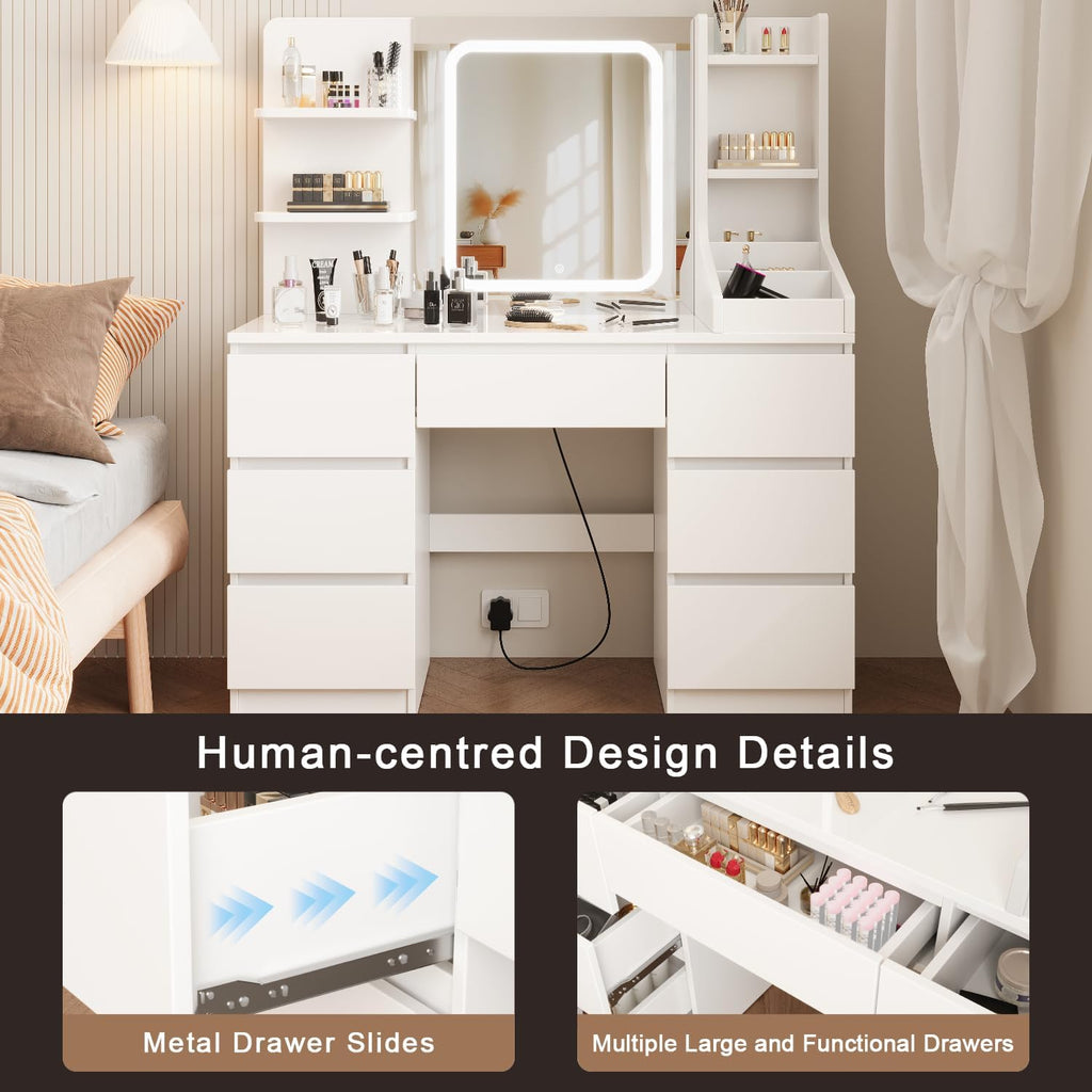 Devoko Coiffeuse LED avec 7 Grands Tiroirs, 3 Couleurs avec Luminosité Réglable, Table de Maquillage, Coiffeuse avec Miroir pour la Chambre à Coucher Blanc