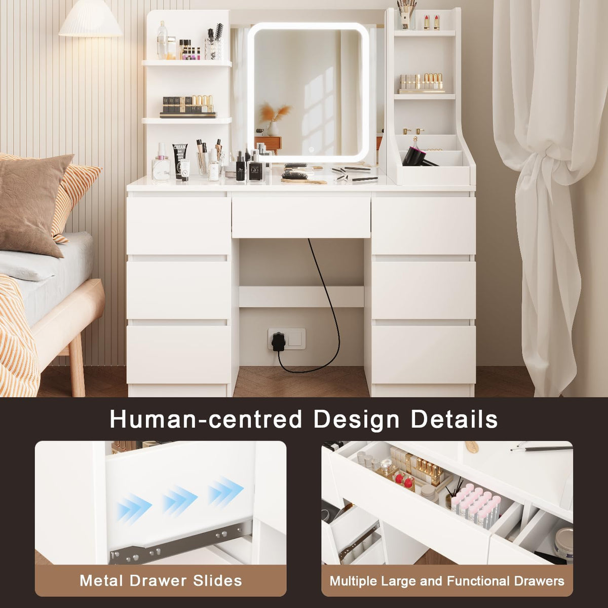Devoko Coiffeuse LED avec 7 Grands Tiroirs, 3 Couleurs avec Luminosité Réglable, Table de Maquillage, Coiffeuse avec Miroir pour la Chambre à Coucher Blanc