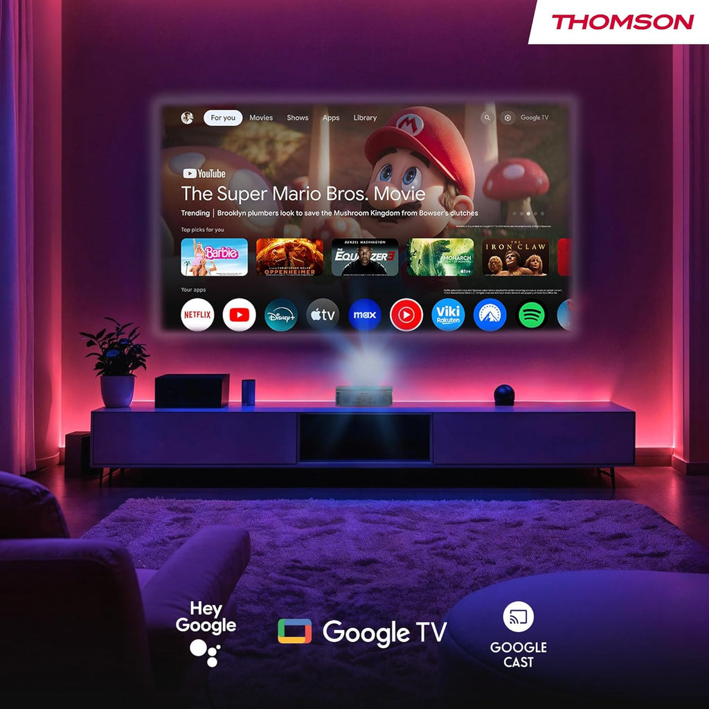 Thomson Sirius PG55B Projecteur Laser Intelligent Portable avec Google TV, Batterie Intégrée, Ultra Courte Focale, 600 Lumens ANSI, HDR10+, Dolby Audio, Mise au Point Automatique, WiFi, Bluetooth–Noir