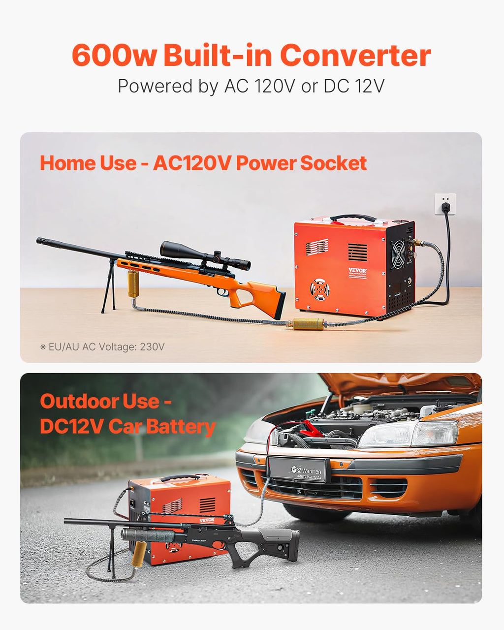 VEVOR Compresseur d'air portable PCP, 300 W 30 MPa, avec convertisseur intégré et système de refroidissement par ventilateur, arrêt manuel, pompe réservoir de paintball sans huile pour pistolet à air