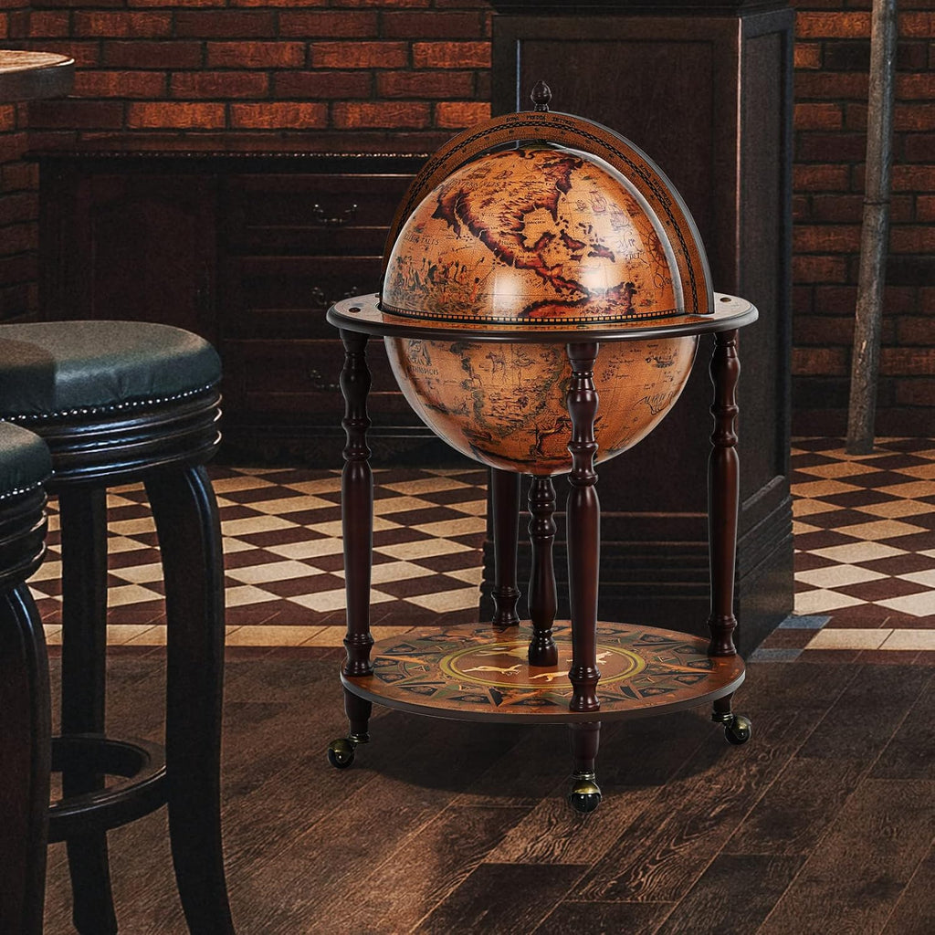 GOPLUS Bar Globe Terrestre Mappemonde à Vin en Bois φ45 CM, Chariot de Bar Forme Globe avec 4 Pieds et 4 roulettes, Porte-Bouteille Bar d’Angle avec Couvercle pour Salon, Salle à Manger (Marron)