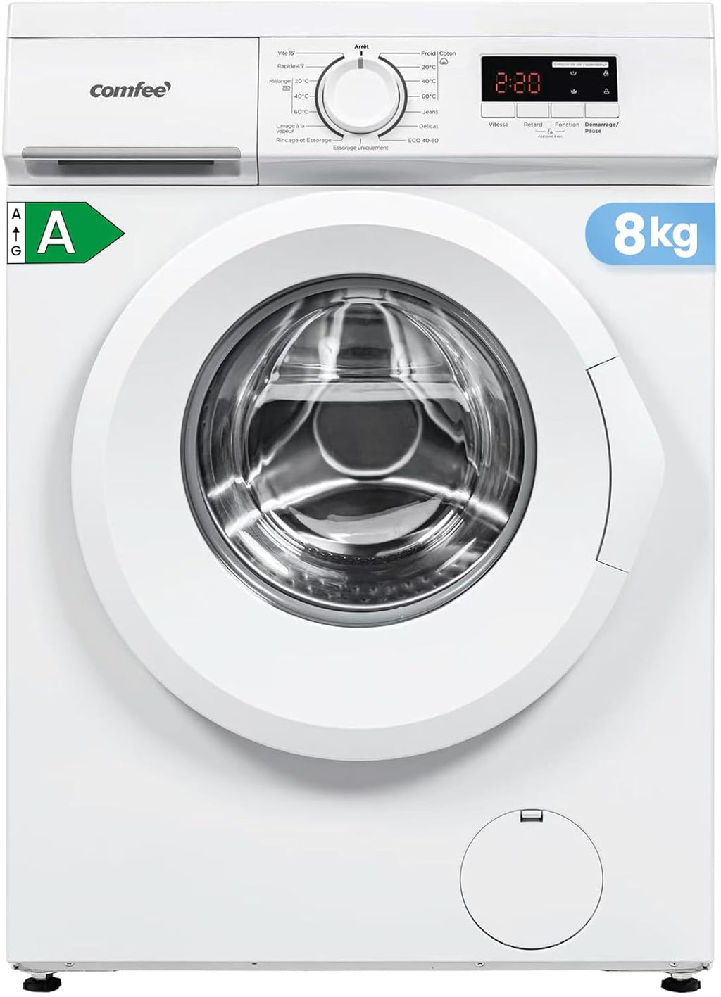 CFE12EW80-W-FR Lave-linge frontal 8KG, Classe énergétique A, Moteur BLDC 1400 tr-min, 15 Programmes, Prélavage, Blanc [Classe énergétique A]