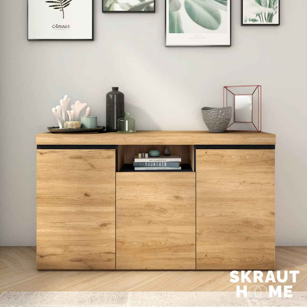 Skraut Home Buffet Modèle Naturale 140 x 40 x 81 cm Meuble d'Entrée à 3 Portes Style Nordique Mélamine Finition Couleur Chêne/Noir