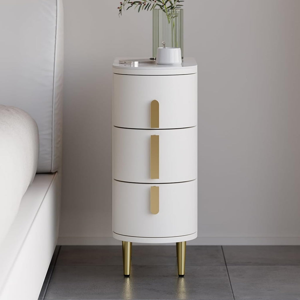 Homary Table de Chevet Étroite en Cuir à 3 Tiroirs, Dessus Pierre Frittée, Petit Meuble de Rangement Élégant pour Chambre Adulte (1, Blanc Cassé)
