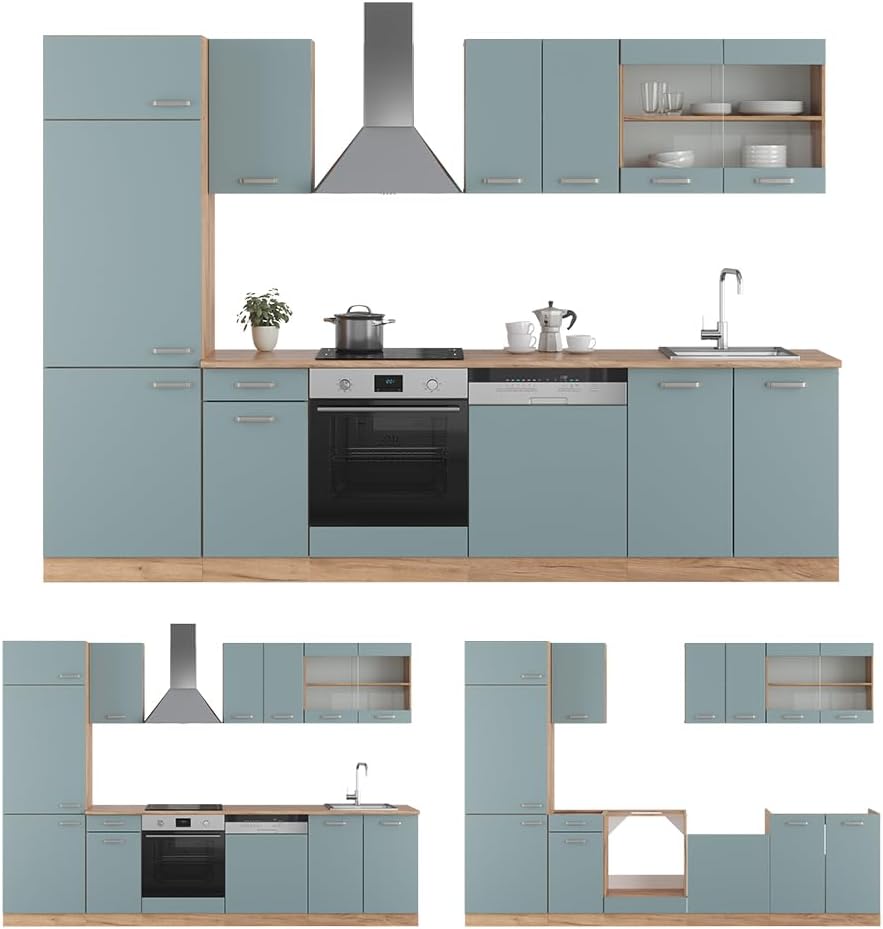 Vicco Cuisine R-Line, Bleu-Gris/Chêne de Force doré, 300 cm sans Plan de Travail