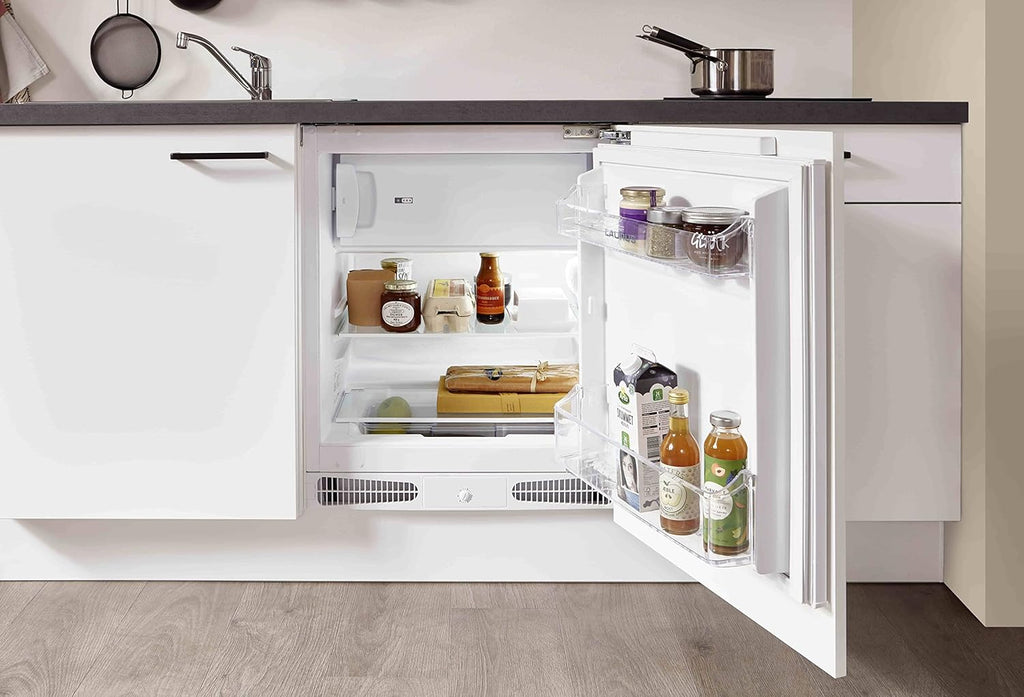 WALLERS cuisine complète 210 cm : Meubles + Plan de travail + Frigo intégré table top + Plaque de cuisson 2 foyers + Mitigeur (Plan de travail couleur béton, évier à gauche)