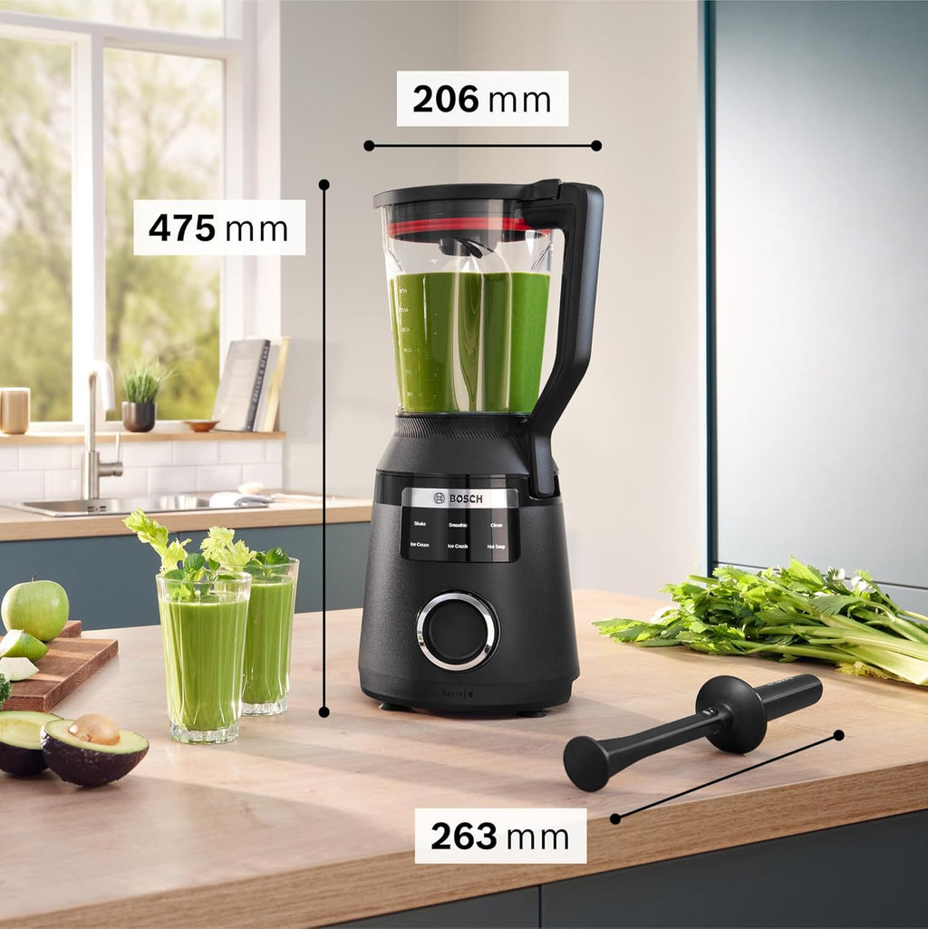 Bosch, VitaPower Série 6, blender haute performance, moteur 1800 watts, vitesse du moteur jusqu'à 45 000 tr/min, 6 programmes automatiques, bol résistant en tritan, noir, MMB6652B