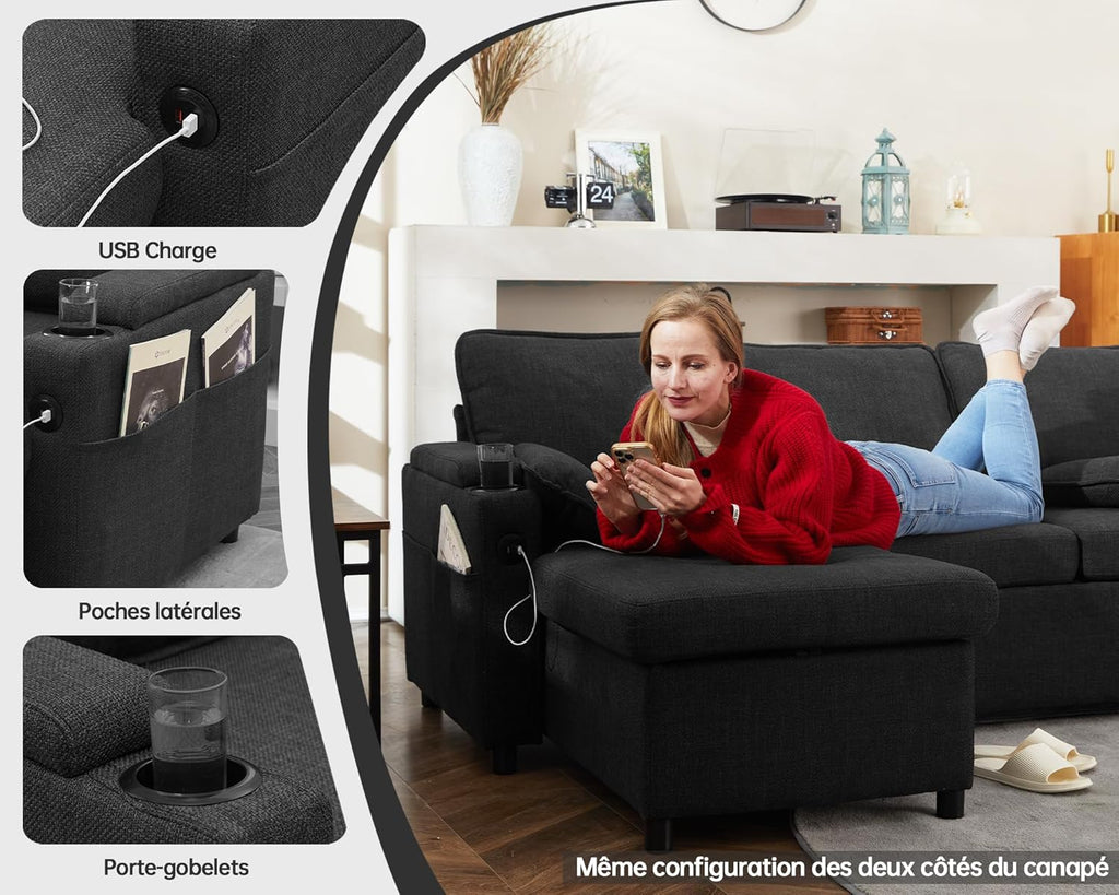 DURASPACE Canapé d'angle Convertible, Canapé Lit 3 Places en L avec Chaise Réversible, Canapé avec Rangement, Port USB et Porte-gobelet