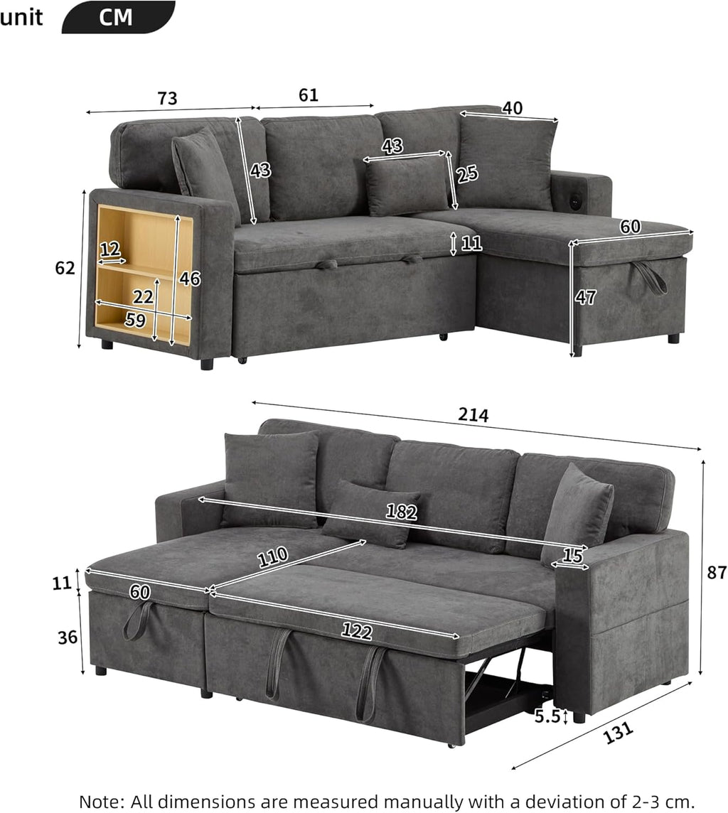 Canapé convertible 3 places en forme de L avec USB et étagère intégrée, meubles rembourrés, convertible avec tiroir de lit, meuble de salon, gris foncé