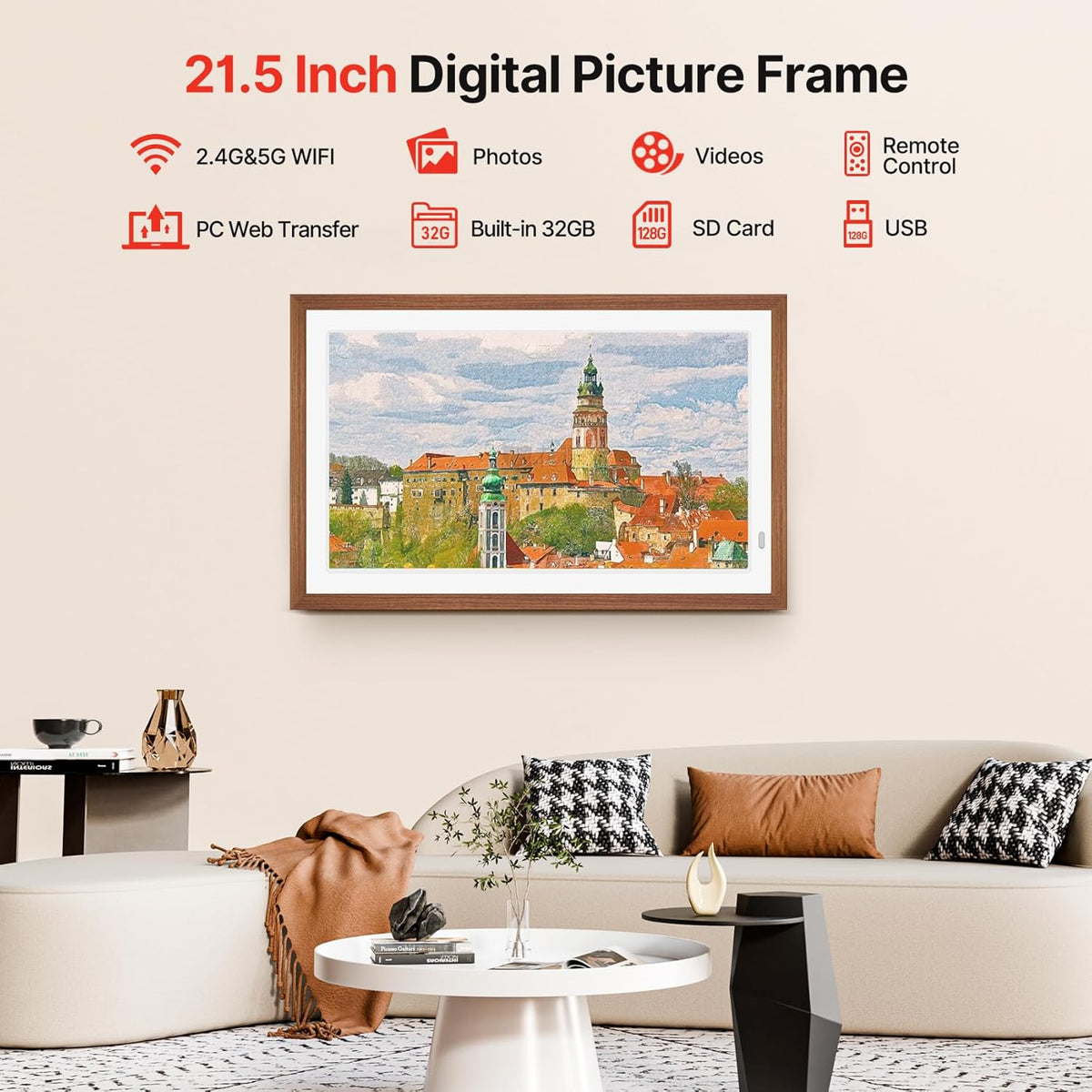 Cadre photo numérique 21,5" - 1920 x 1080 IPS FHD - Mémoire 32 Go - Rotation automatique - Partagez des photos/vidéos instantanément